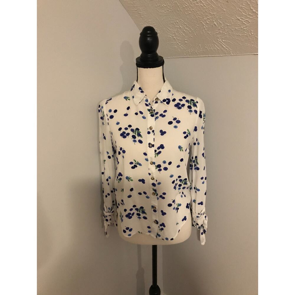 Anthropologie Maeve Blithe Blueberry Tie Sleeve Button Front Blouse White Blue 0 - Picture 2 of 12